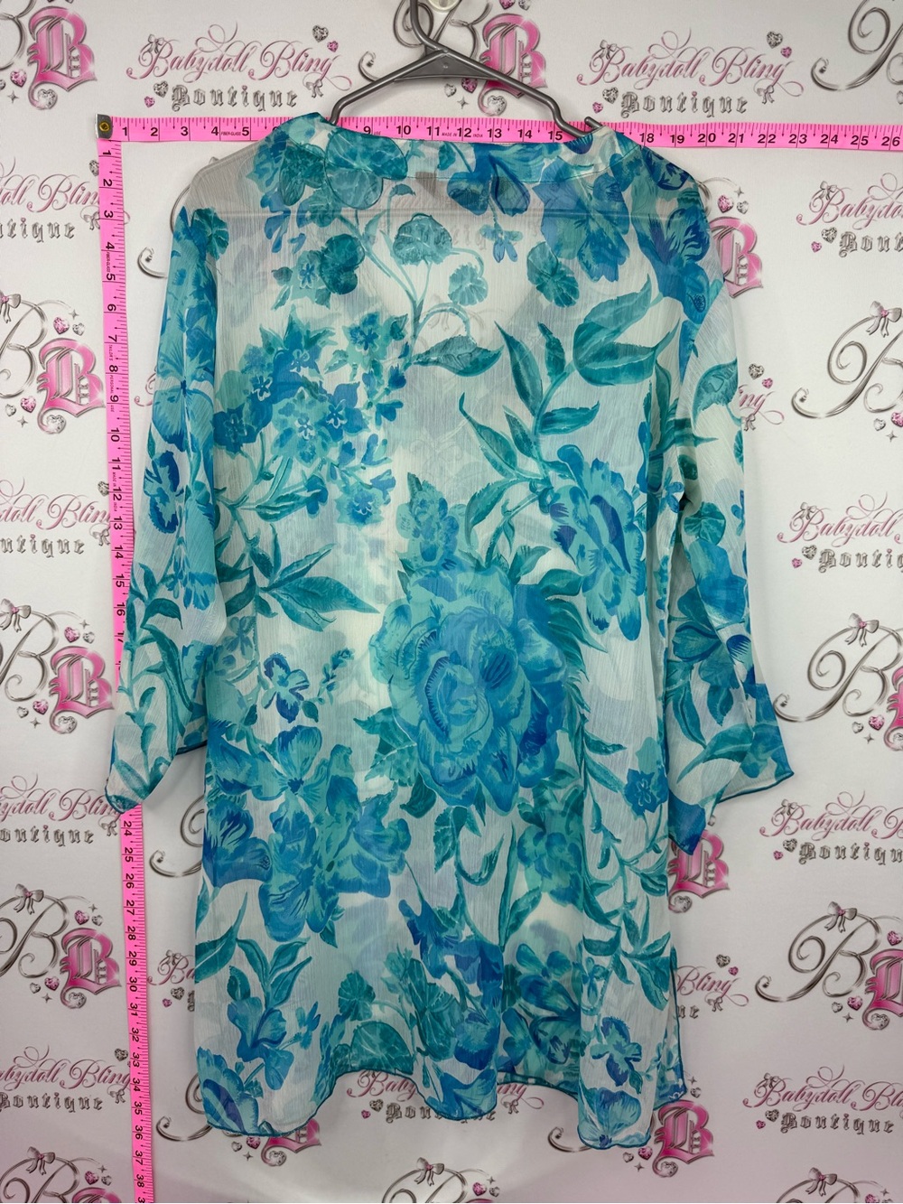 Double Decker coverup mini dress. Ranch Teal Floral V-Neck Sheer beaded - Picture 2 of 9